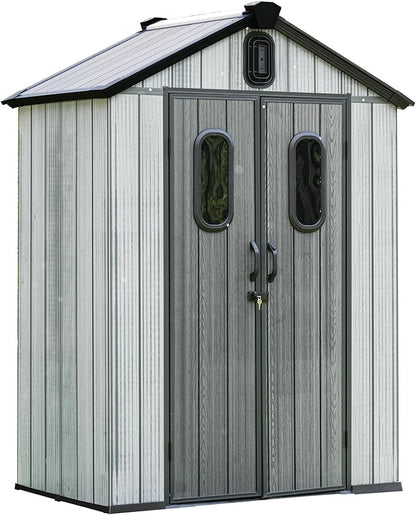 Domi 5x3 FT Outdoor Resin Storage Shed, All-Weather Double-Wall Storage Building for Backyard, Garden, Lawn Tools, Mower, Bike & Pool Equipment, Lockable Doors, Ventilated Roof, Grey
