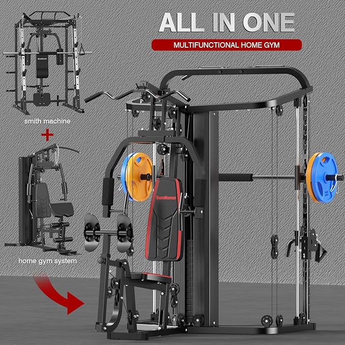 SunHome Multifunction Home Gym System Workout Station,Smith Machine with 138LB Weight Stack, Leg Press, LAT Station for Full Body Training