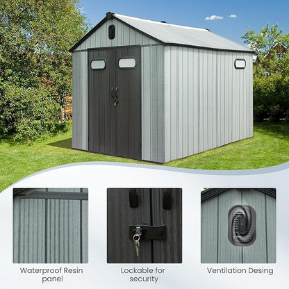 Domi 8x10 FT Outdoor Resin Storage Shed, All-Weather Double-Wall Garden Shed for Backyard, Lawn Tools, Bike, Mower & Pool Equipment with Lockable Doors, Ventilated Roof, Grey