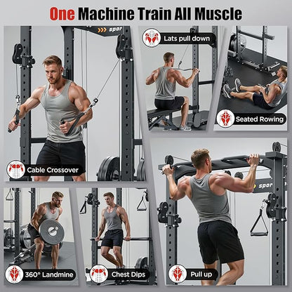 Sportsroyals Power Cage,1600lbs Multi-Function Power Rack with Adjustable Cable Crossover System and More Training Attachment, Weight Cage for Home Gym