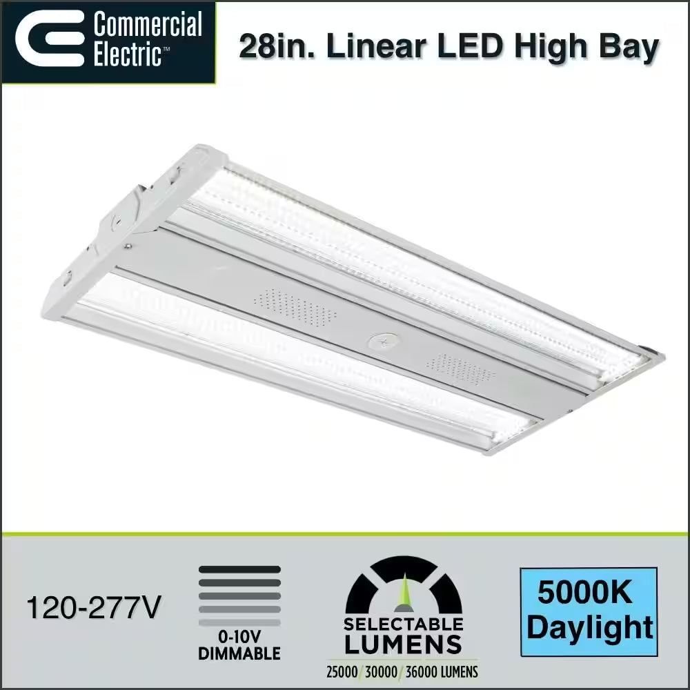 28 In. 1000-Watt Equivalent Linear White LED High Bay Light, Adjustable Beam, Selectable Lumens, 5000K Daylight Dimmable