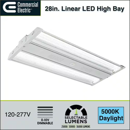 28 In. 1000-Watt Equivalent Linear White LED High Bay Light, Adjustable Beam, Selectable Lumens, 5000K Daylight Dimmable