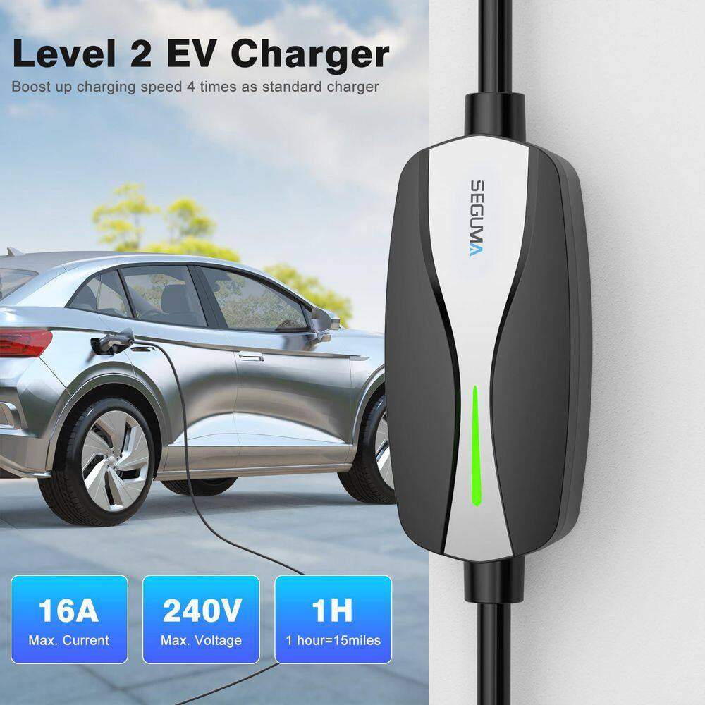 25Ft 110-240 Volt Level 1/2 Portable EV Charger with NEMA 6-20 Plug 5-15 Adapter J1772 Black Electric Car Charging