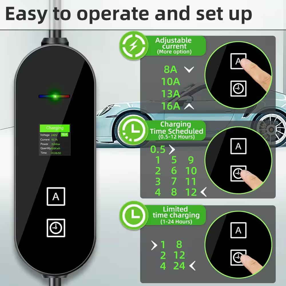 Level 1 and 2 EV Charger 8-16 Amp 110-240 Volt Electric Vehicle Charging Station with NEMA Plugs Portable IP66 LCD
