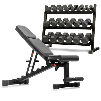5-50 lb Hex Dumbbell Set with Rack and Weight Bench
