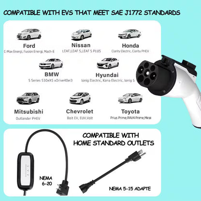 Portable 16A 110-240 Volt Level 1 Level 2 EV Charger with NEMA 6-20 Plug and 5-15 Adapter for J1772