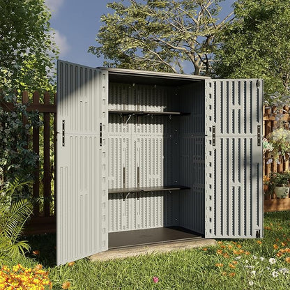 HOMSPARK Outdoor Storage Shed Weather Resistance, Patio Storage Cabinet Lockable Resin Tool Shed for Storage of Bike, Trash Cans, Garden Tools (Light Gray, 66 Cu.ft)