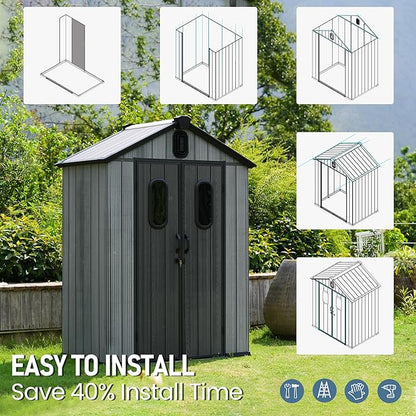Domi 5x3 FT Outdoor Resin Storage Shed, All-Weather Double-Wall Storage Building for Backyard, Garden, Lawn Tools, Mower, Bike & Pool Equipment, Lockable Doors, Ventilated Roof, Grey
