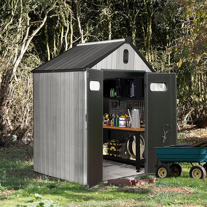 Domi 6x4 FT Outdoor Resin Storage Shed, All-Weather Double-Wall Storage Building for Backyard, Garden, Lawn Tools, Mower, Bike & Pool Equipment, Lockable Doors, Ventilated Roof, Grey
