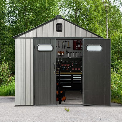 Domi 8x12 FT Outdoor Resin Storage Shed, All-Weather Double-Wall Storage Building for Backyard, Garden, Lawn Tools, Mower, Bike & Pool Equipment, Lockable Doors, Ventilated Roof, Grey