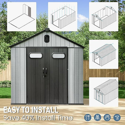 Domi 8x12 FT Outdoor Resin Storage Shed, All-Weather Double-Wall Storage Building for Backyard, Garden, Lawn Tools, Mower, Bike & Pool Equipment, Lockable Doors, Ventilated Roof, Grey
