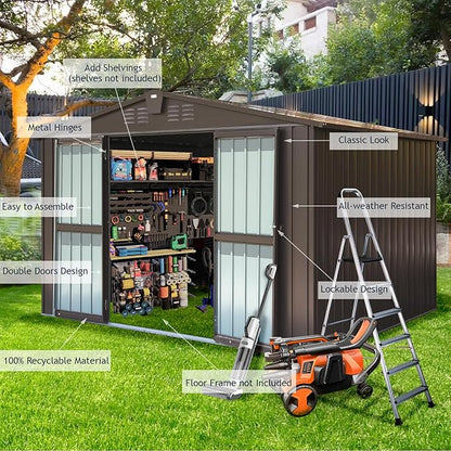 Domi Outdoor Storage Shed 10' x 8’, Metal Garden Shed with Galvanized Steel Frame for Bike, Tools, Lawn Mowers, Pool Toys, Outdoor Storage Cabinet with Lockable Door for Garden Lawn Patio (Dark Brown)