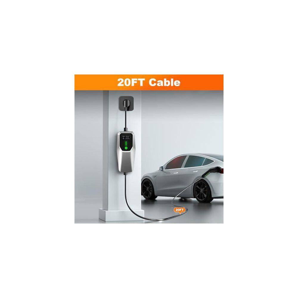 20FT 110-240 Volt Portable Level 1 and 2 EV Charger NEMA 14-50 5-15 Plug with LCD Screen for SAE J1772 Cars