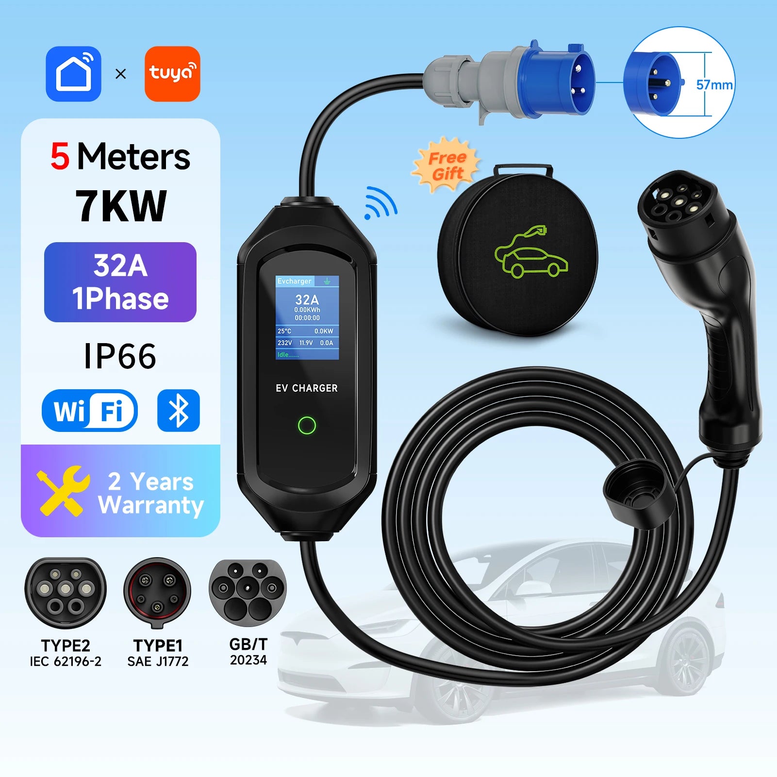 7KW 32A 1Phase Portable EV Charger Type2 Electric Car Charger Type1/Gbt EVSE Fast Charging Cable Wifi APP Bluetooth Control