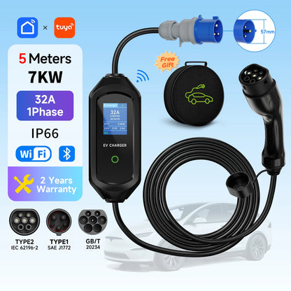 7KW 32A 1Phase Portable EV Charger Type2 Electric Car Charger Type1/Gbt EVSE Fast Charging Cable Wifi APP Bluetooth Control