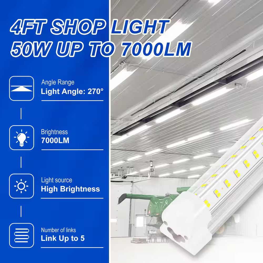 6-Pack 4 Ft. 50-Watt White V-Shape LED Shop Lights, 7000 Lumens 6500K Daylight, Plug-In Integrated T8 Fixtures
