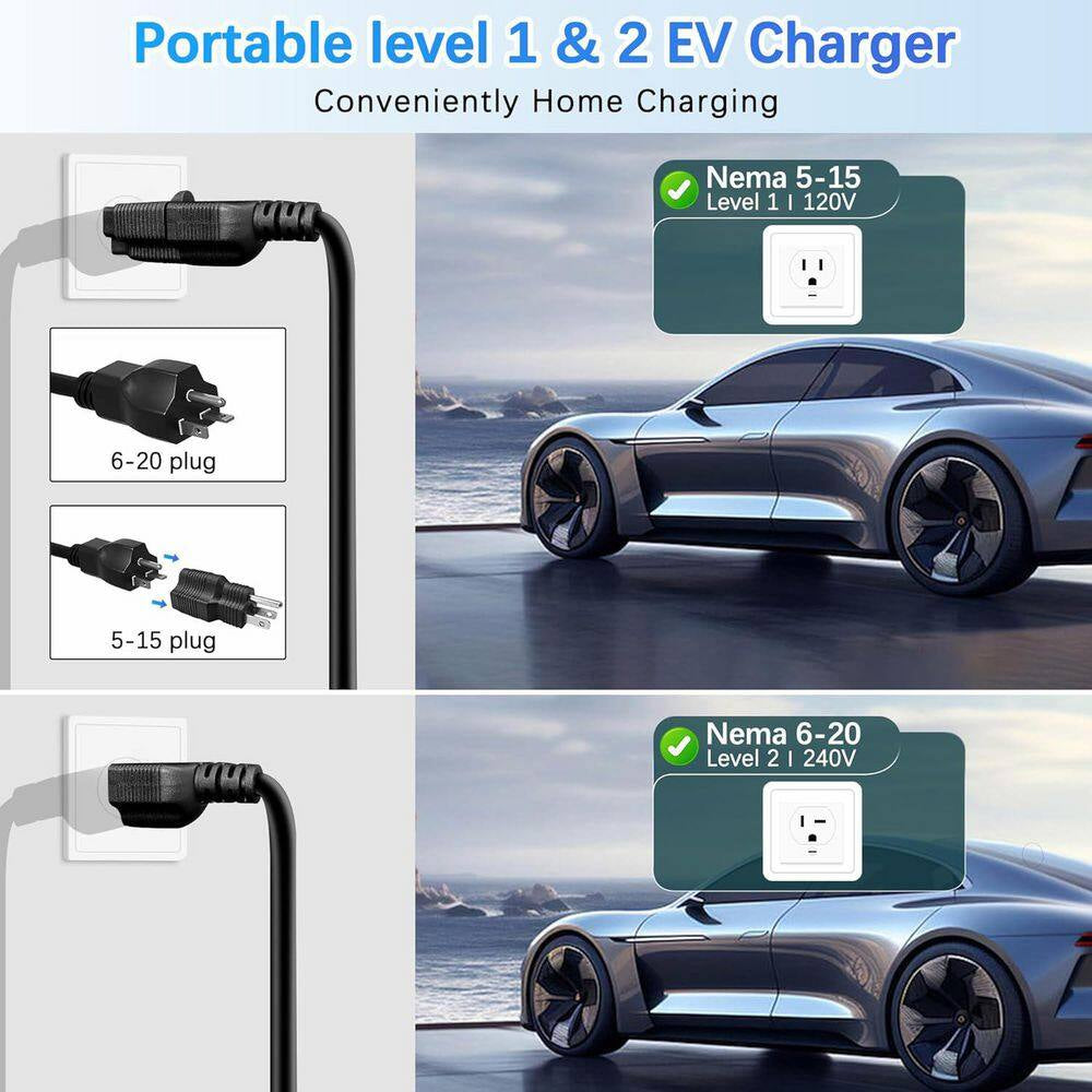 24.99FT 110-Volt 240-Volt Level 1 2 EV Charger Adjustable Current NEMA Plugs J1772 Compatible Home Travel