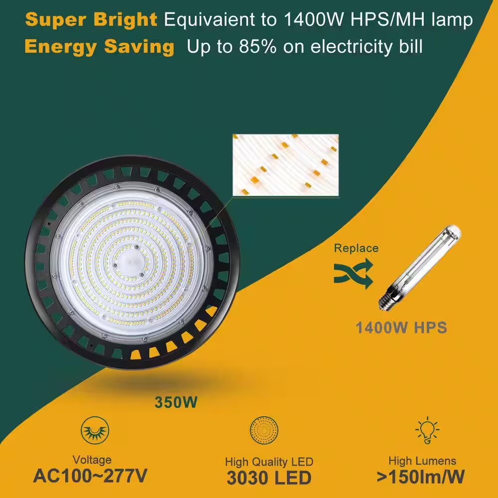 LED High Bay Light 350-W 52500LM High Bay LED Shop Lights AC100-277V UFO Commercial Bay Lighting for Warehouse