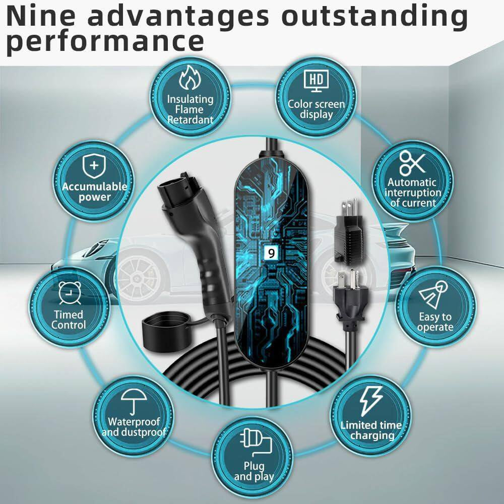 Level 1 and 2 EV Charger 8-16 Amp 110-240 Volt Electric Vehicle Charging Station with NEMA Plugs Portable IP66 LCD