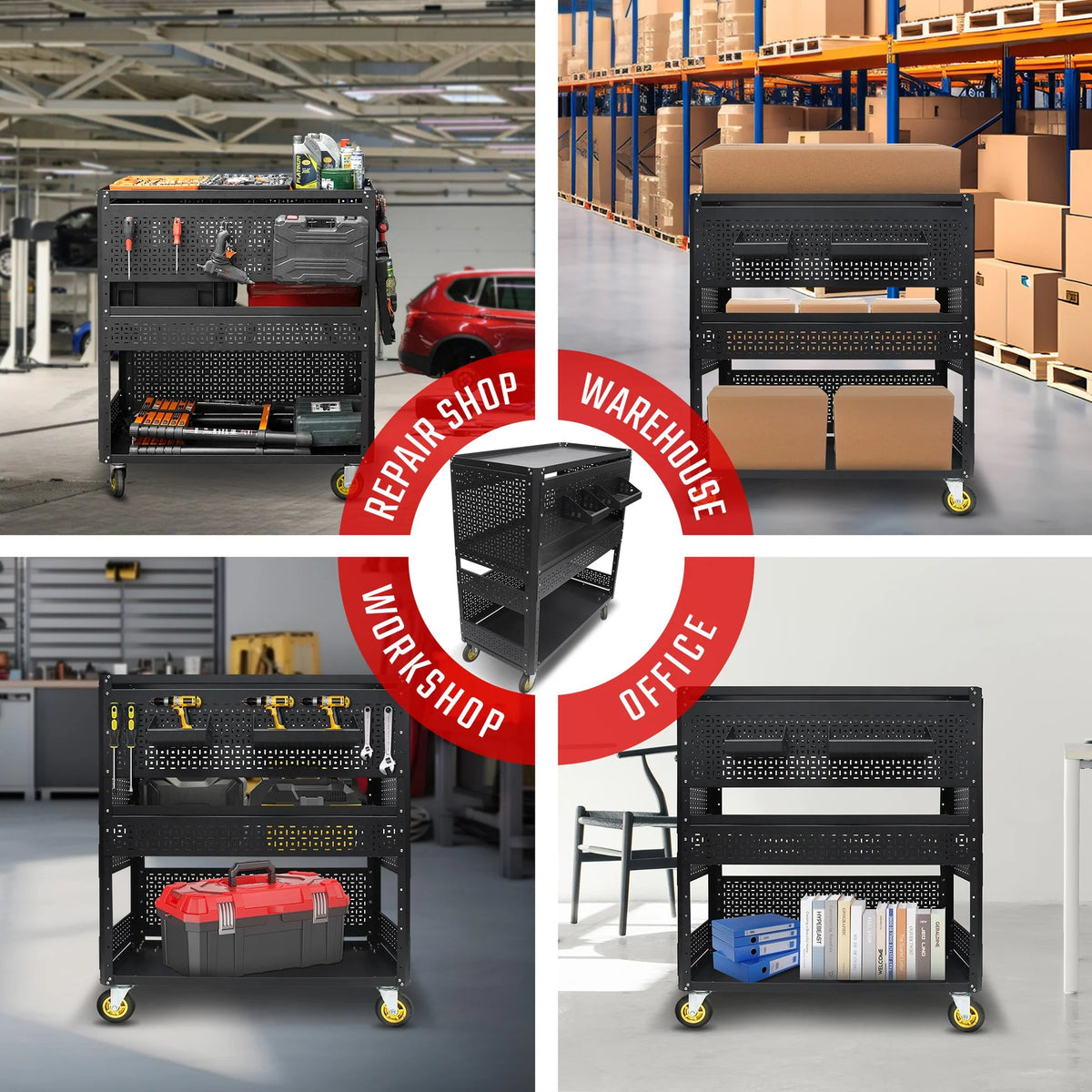 3-Tier Adjustable Rolling Tool Cart | Garage & Workshop Organizer w/ Steel Pegboard