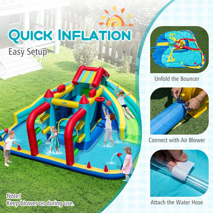 Inflatable Double Water Slide Park with 750W Blower and Obstacle Course