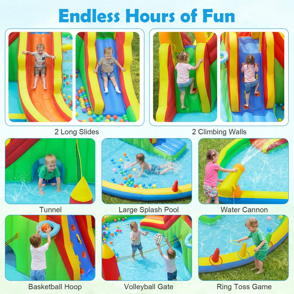 Inflatable Water Slide Park with 2 Long Slides and Climbing Walls for Yard Party