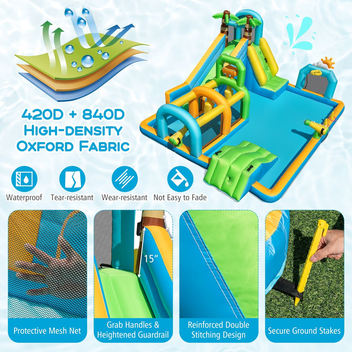 Inflatable Water Slide Tropical Theme Dual Slide Aqua Park with 680W Blower