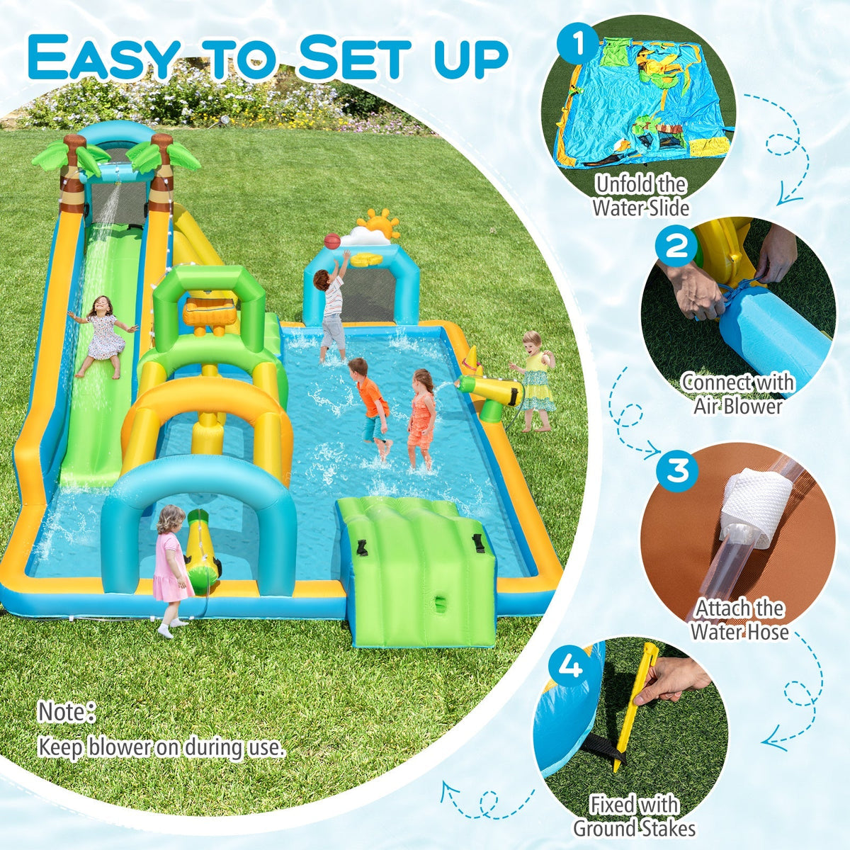 Inflatable Water Slide Tropical Theme Dual Slide Aqua Park with 750W Blower