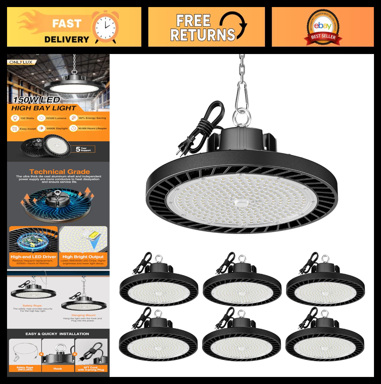 Super Bright 150W UFO LED High Bay Lights 5000K - 6 Pack, Commercial Garage Ware