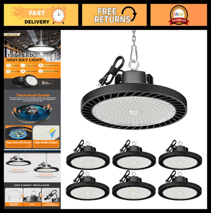 Super Bright 150W UFO LED High Bay Lights 5000K - 6 Pack, Commercial Garage Ware