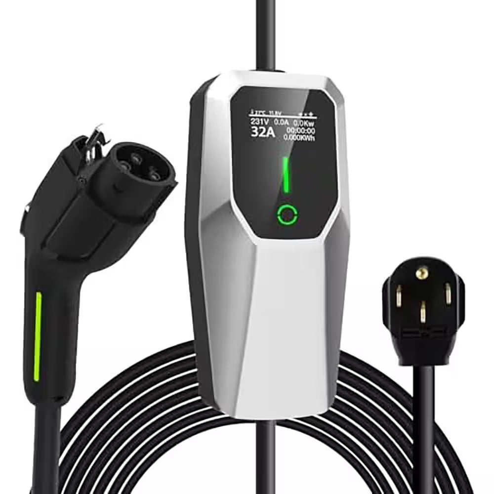 20FT 110-240 Volt Portable Level 1 and 2 EV Charger NEMA 14-50 5-15 Plug with LCD Screen for SAE J1772 Cars