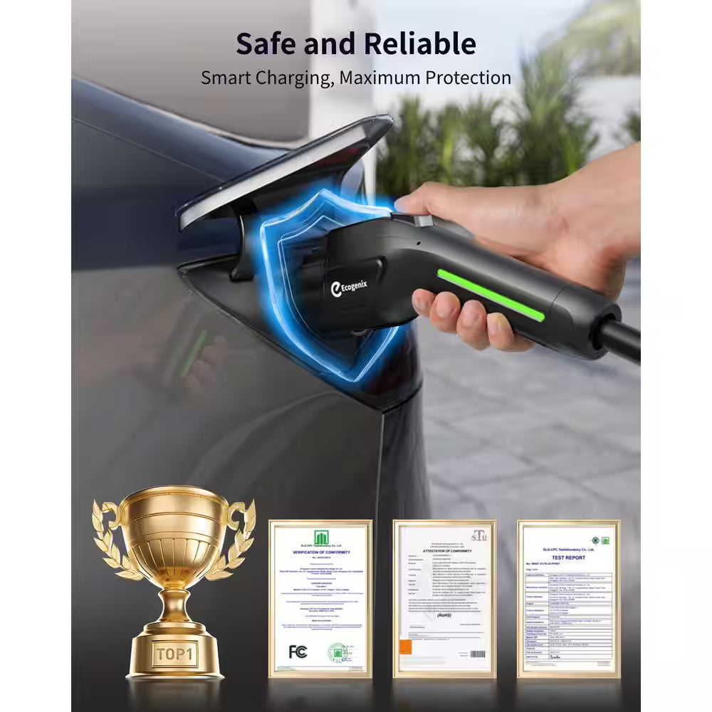25Ft 110-240 Volt Level 1 2 EV Charger Fast Portable Smart Car Charging Cable with Holder NEMA 6-20P Black