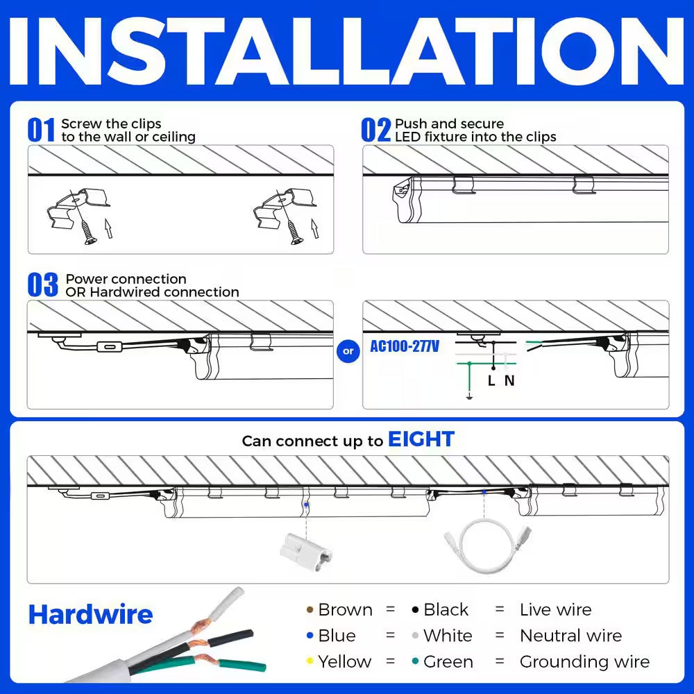 4 Ft. 2200Lm 6500K 20W LED T5 Shop Lights, Ceiling and under Cabinet Light, Corded Electric with On/Off Switch