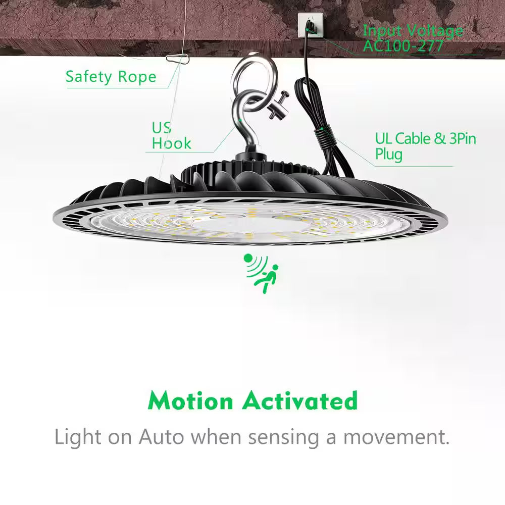 4Pack 150W LED High Bay Light with Motion Sensor 37500Lm High Bay LED Light AC100-277V UFO High Bay Shop Light
