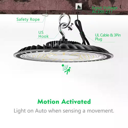 4Pack 150W LED High Bay Light with Motion Sensor 37500Lm High Bay LED Light AC100-277V UFO High Bay Shop Light