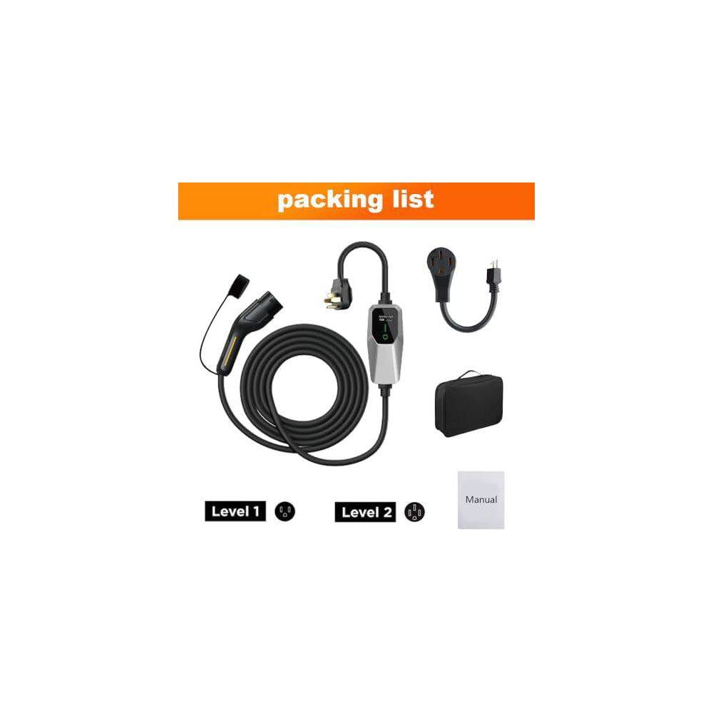 20FT 110-240 Volt Portable Level 1 and 2 EV Charger NEMA 14-50 5-15 Plug with LCD Screen for SAE J1772 Cars
