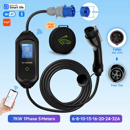 7KW 32A 1Phase Portable EV Charger Type2 Electric Car Charger Type1/Gbt EVSE Fast Charging Cable Wifi APP Bluetooth Control