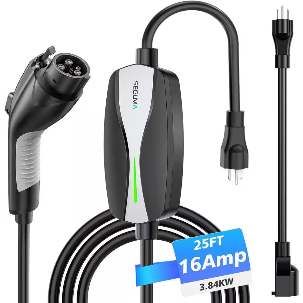 25Ft 110-240 Volt Level 1/2 Portable EV Charger with NEMA 6-20 Plug 5-15 Adapter J1772 Black Electric Car Charging