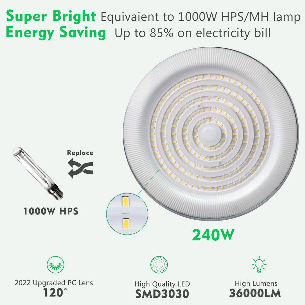 8Pack of 240W LED High Bay Light 36000LM AC100-277V High Bay LED Shop Lights with US Plug for Commercial Warehouse