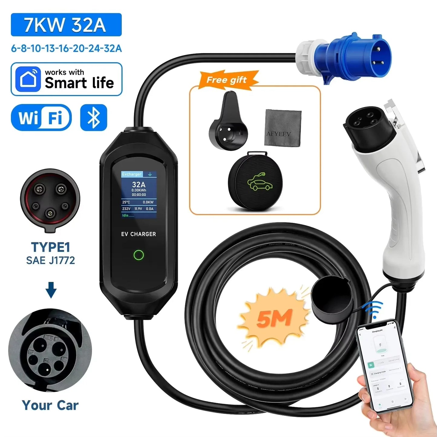 Type2 IEC62196-2 Portable EV Charger 7KW 32A Type1 J1772 EVSE Fast Charging Cable GBT 20234 CEE Plug Wifi APP Bluetooth Control