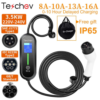 Portable EV Charger Type2 IEC 62196 / GB/T Plug Connector 3.5KW 16A 1Phase Type 1 Wallbox Charging Station for Electric Vehicle