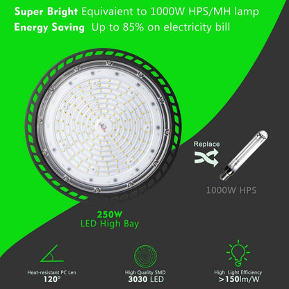 6-Pack of 250-Watt LED High Bay Light 37500LM High Bay LED Shop Lights AC100-277V Commercial Bay Lighting for Warehouse