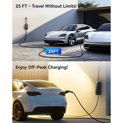 25Ft 110-240 Volt Level 1 2 EV Charger Fast Portable Smart Car Charging Cable with Holder NEMA 6-20P Black