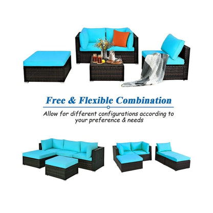Alora Outdoor 5-Piece Patio Rattan Turquoise Furniture Sectional Conversation Sofa Set (SAK56878)