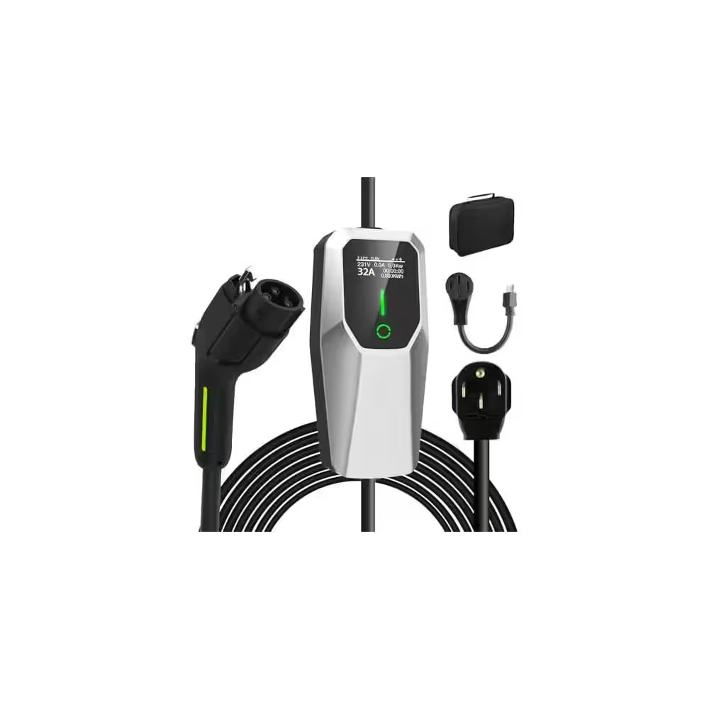20FT 110-240 Volt Portable Level 1 and 2 EV Charger NEMA 14-50 5-15 Plug with LCD Screen for SAE J1772 Cars