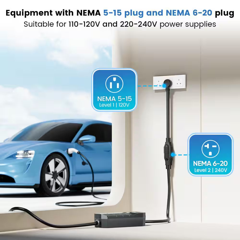 20Ft 110-240 Volt Portable Electric Car Charger Level 1 and 2 J1772 EV Charger with NEMA Plugs ETL Certified