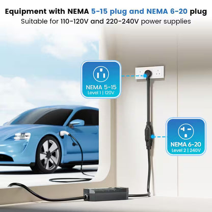 20Ft 110-240 Volt Portable Electric Car Charger Level 1 and 2 J1772 EV Charger with NEMA Plugs ETL Certified