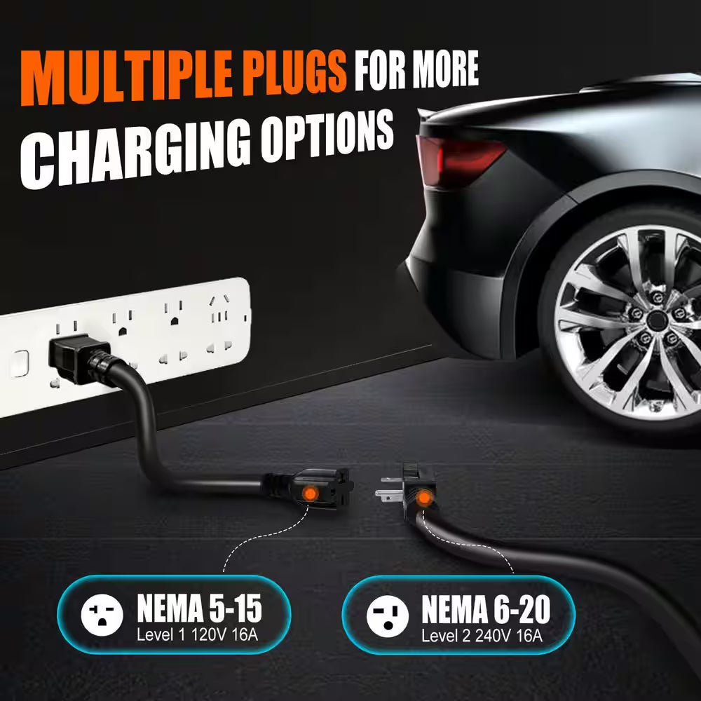 40Ft 240-Volt Electric Vehicle Charger Level 1 and 2 16 Amp EV Charging Station NEMA5-15P 6-20 Plug J1772 Portable