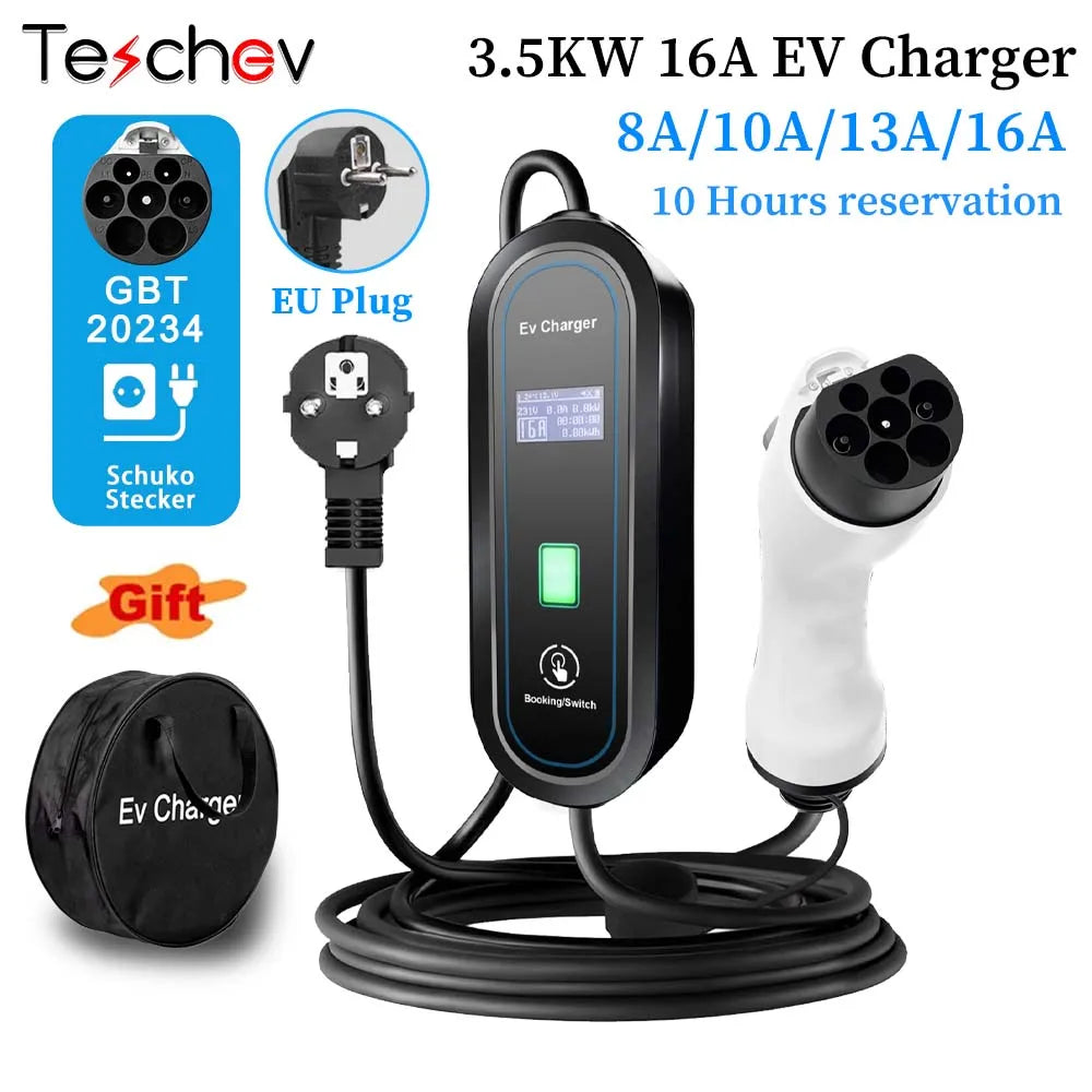 Portable EV Charger Type2 IEC 62196 / GB/T Plug Connector 3.5KW 16A 1Phase Type 1 Wallbox Charging Station for Electric Vehicle