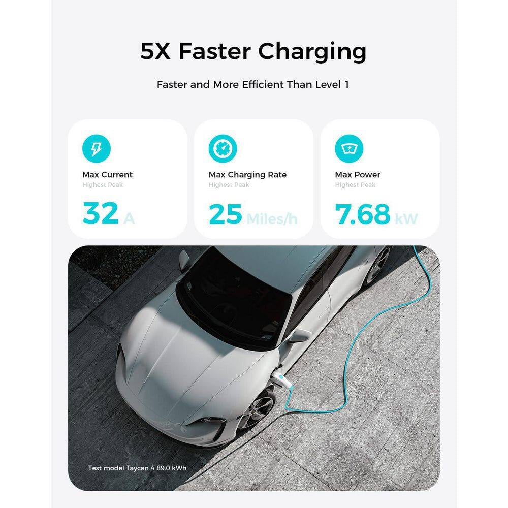 20Ft 110-240 Volt Electric Vehicle Charger Level 1 and 2 Portable Home Charging Station Adjustable Current Timer IP66